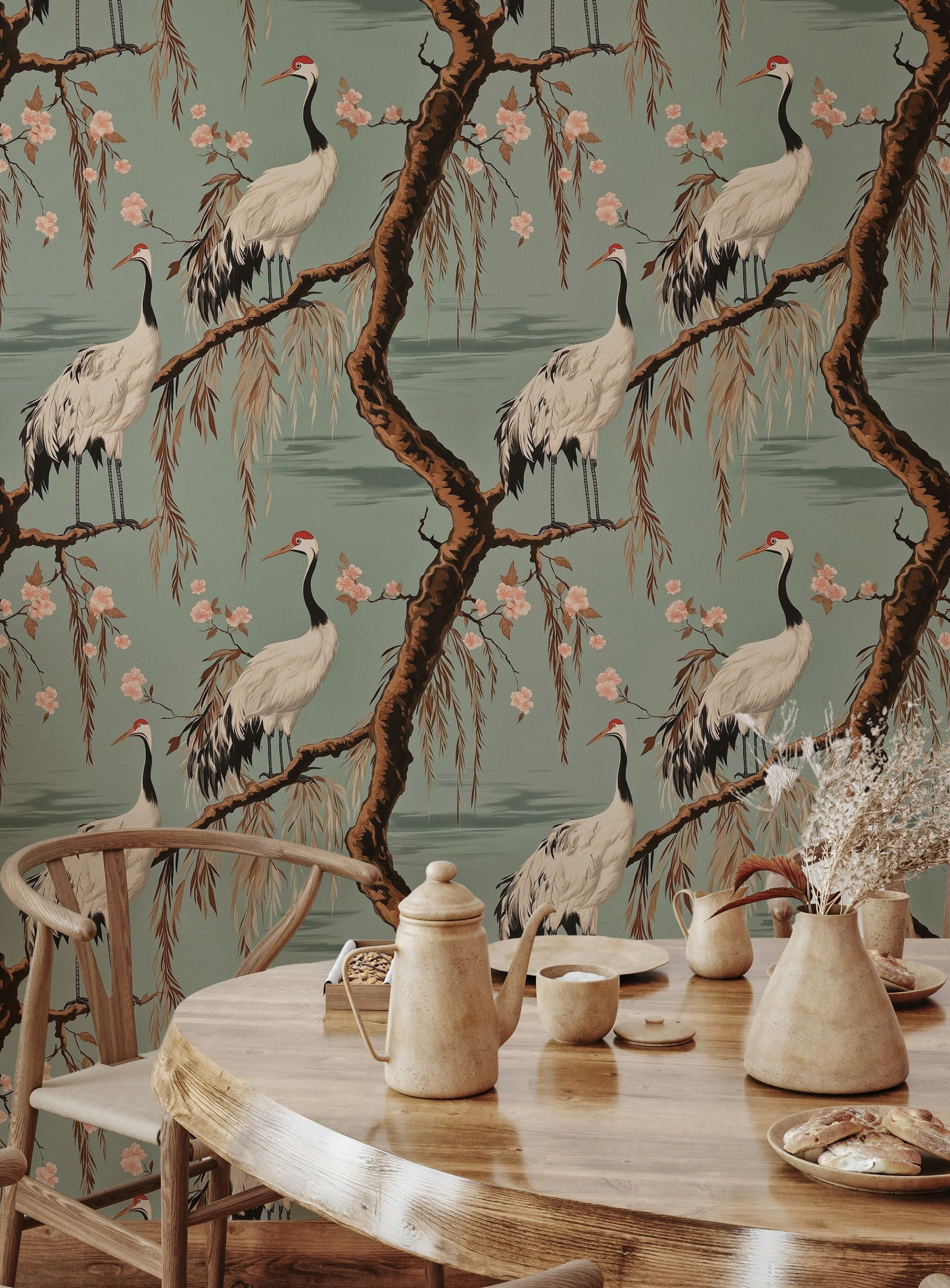 Crane and Cherry Blossom Wallpaper Asian-Inspired Wall Mural