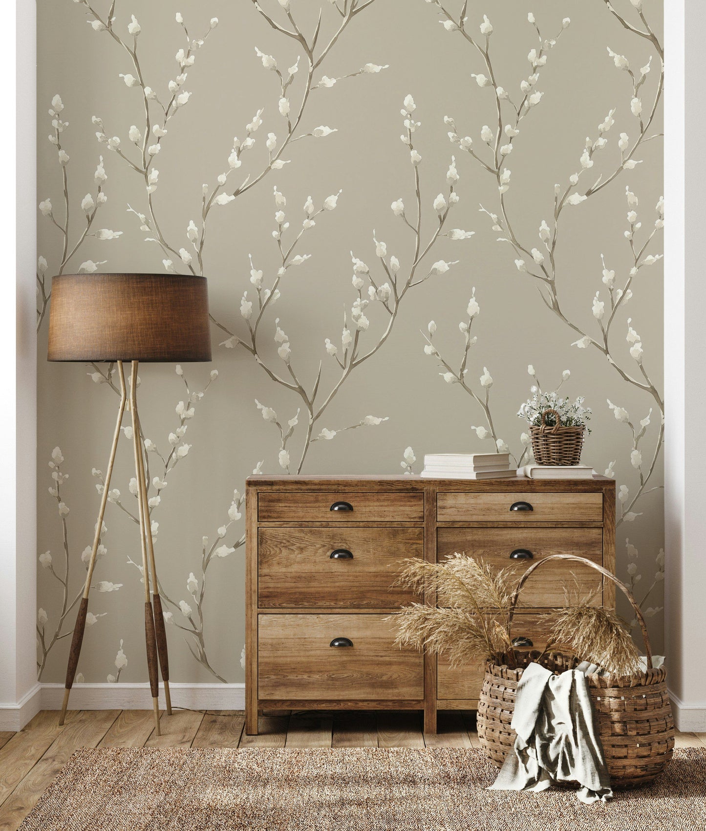 Minimalist Willow Branch Wallpaper Soft Beige Background