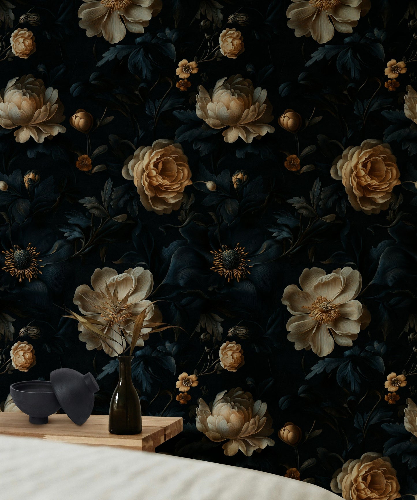 Dark Floral Wallpaper Elegant Gold and Navy Blue Botanical Design