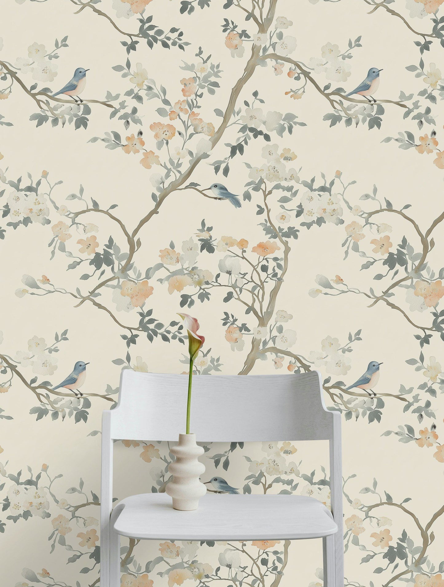 Shoreline Floral Wallpaper Elegant Bird and Blossom Design