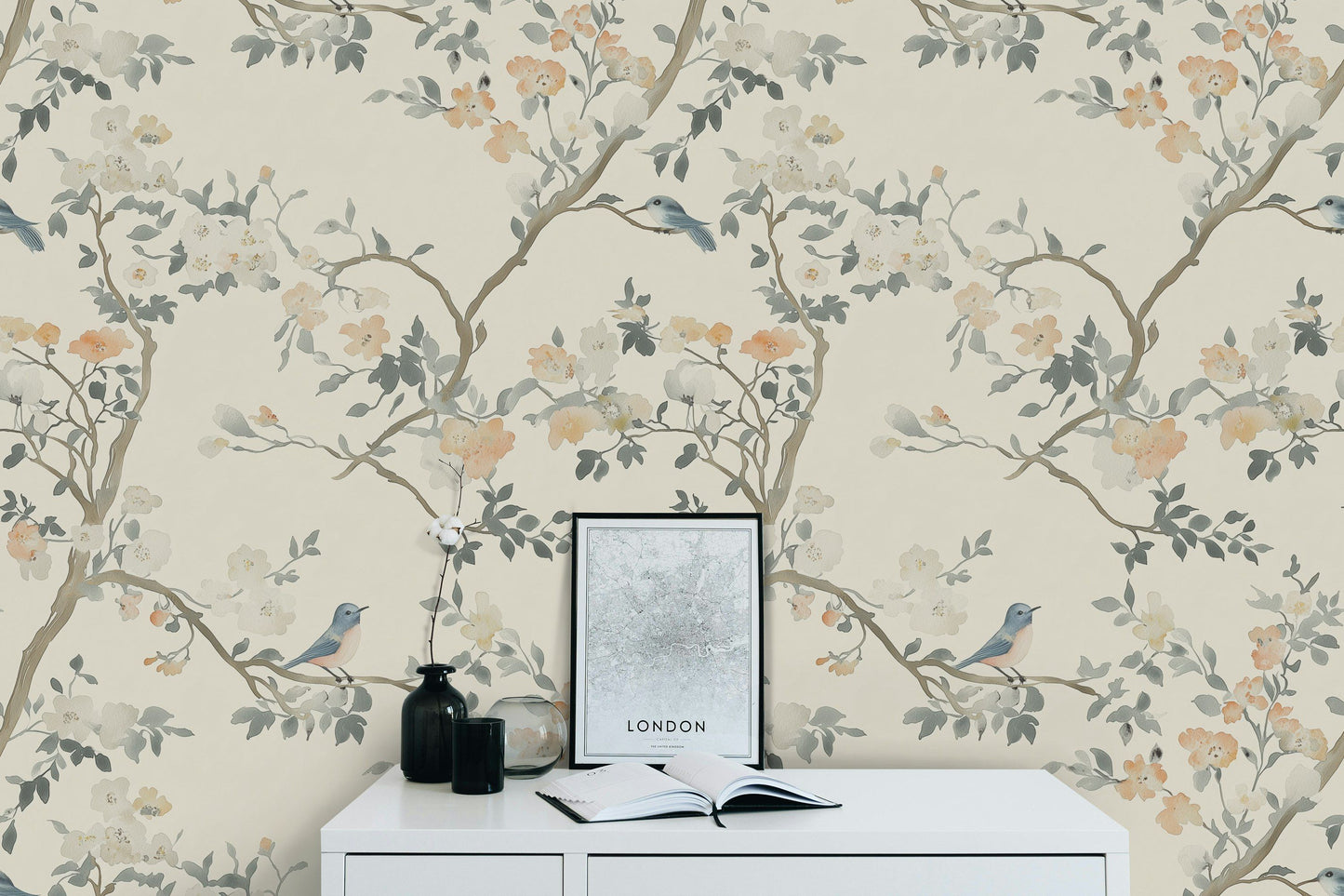 Shoreline Floral Wallpaper Elegant Bird and Blossom Design