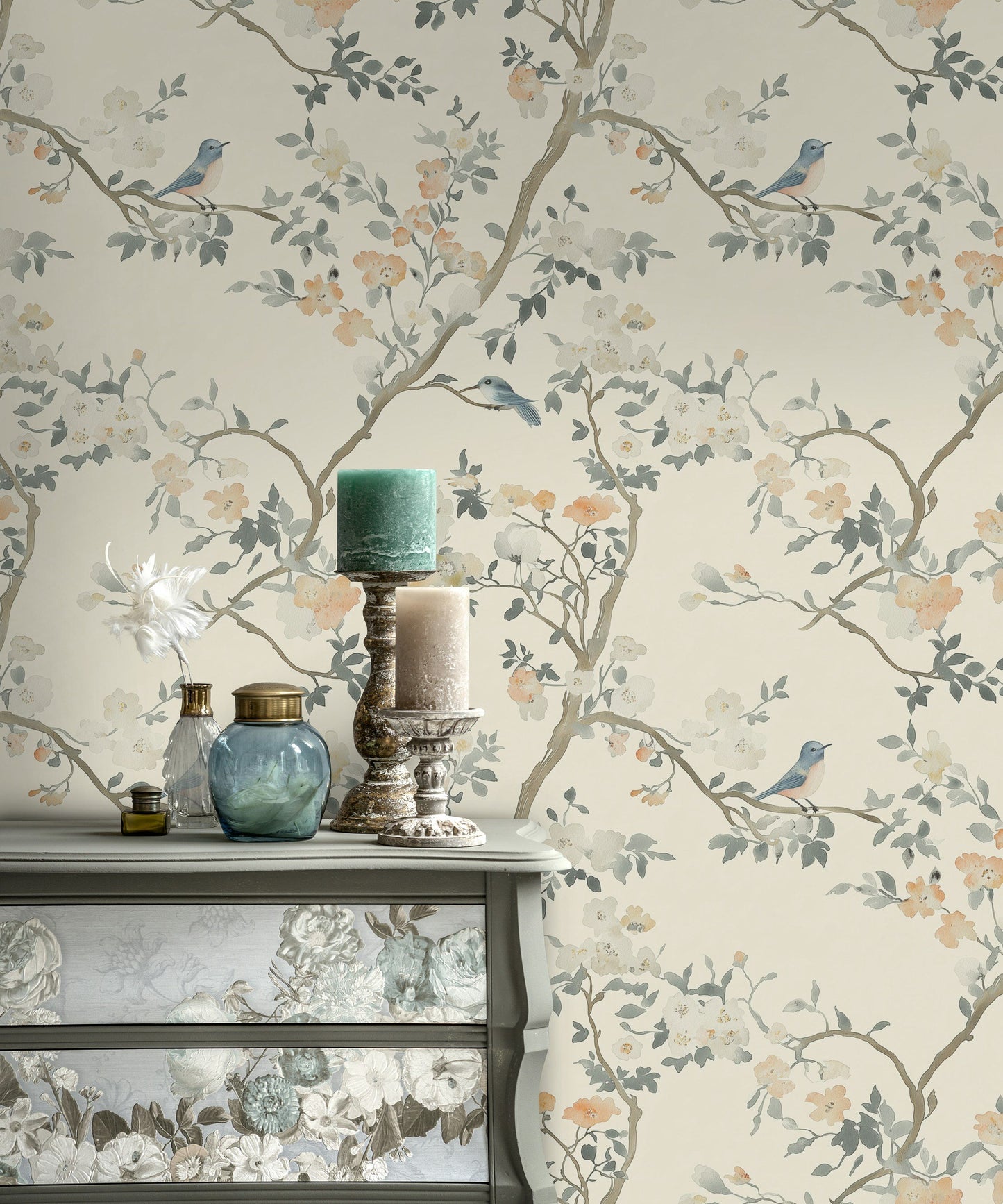 Shoreline Floral Wallpaper Elegant Bird and Blossom Design