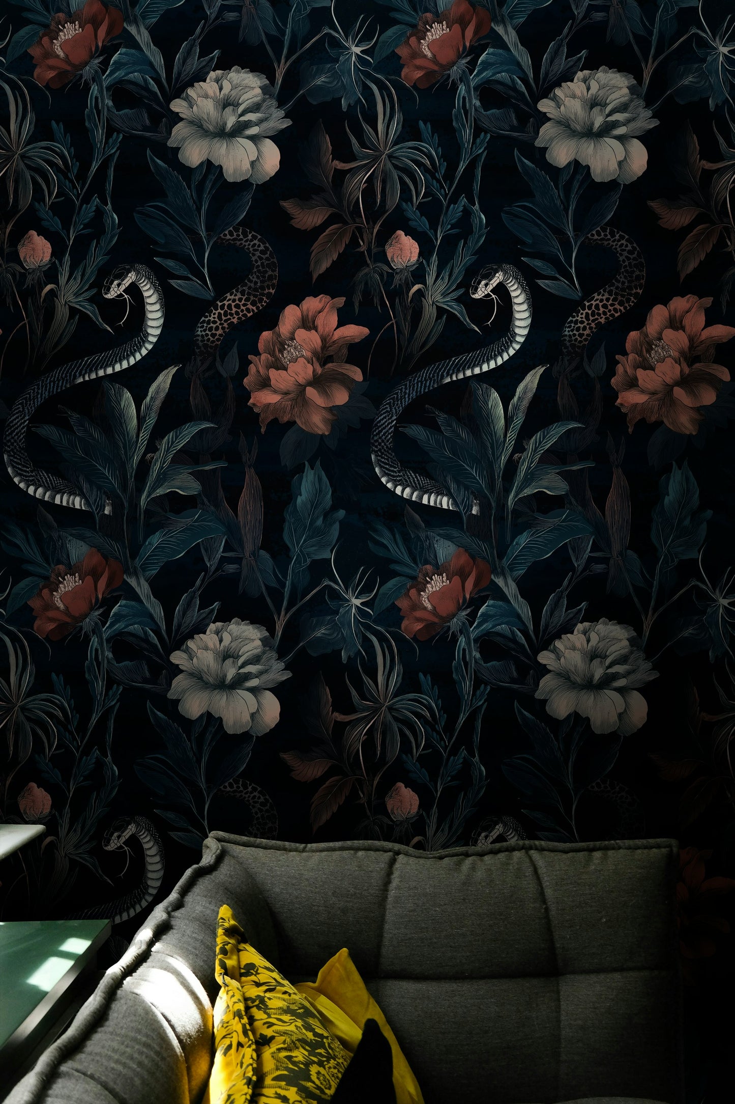 Midnight Garden Snake Wall Mural Floral Wallpaper