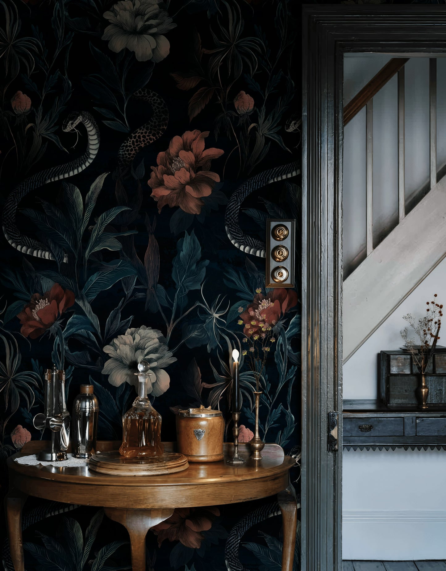 Midnight Garden Snake Wall Mural Floral Wallpaper