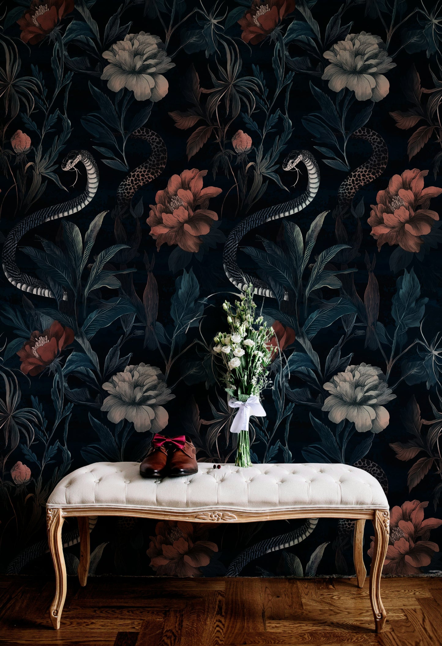 Midnight Garden Snake Wall Mural Floral Wallpaper