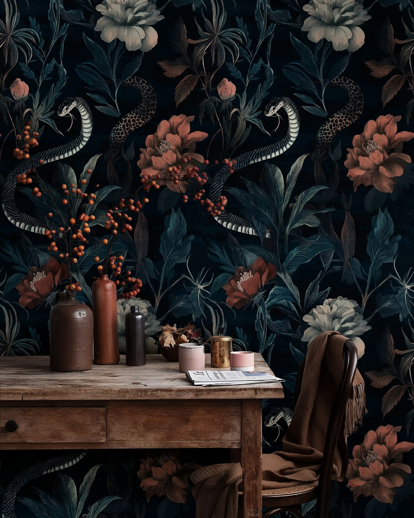 Midnight Garden Snake Wall Mural Floral Wallpaper