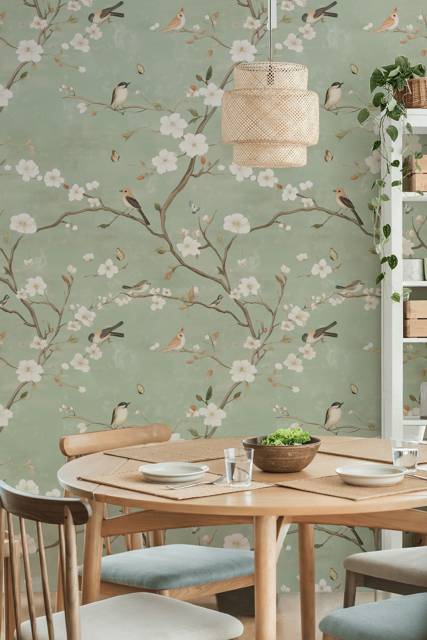 Serene Spring Birds and Blossoms Wallpaper Chinoiserie Wall Mural