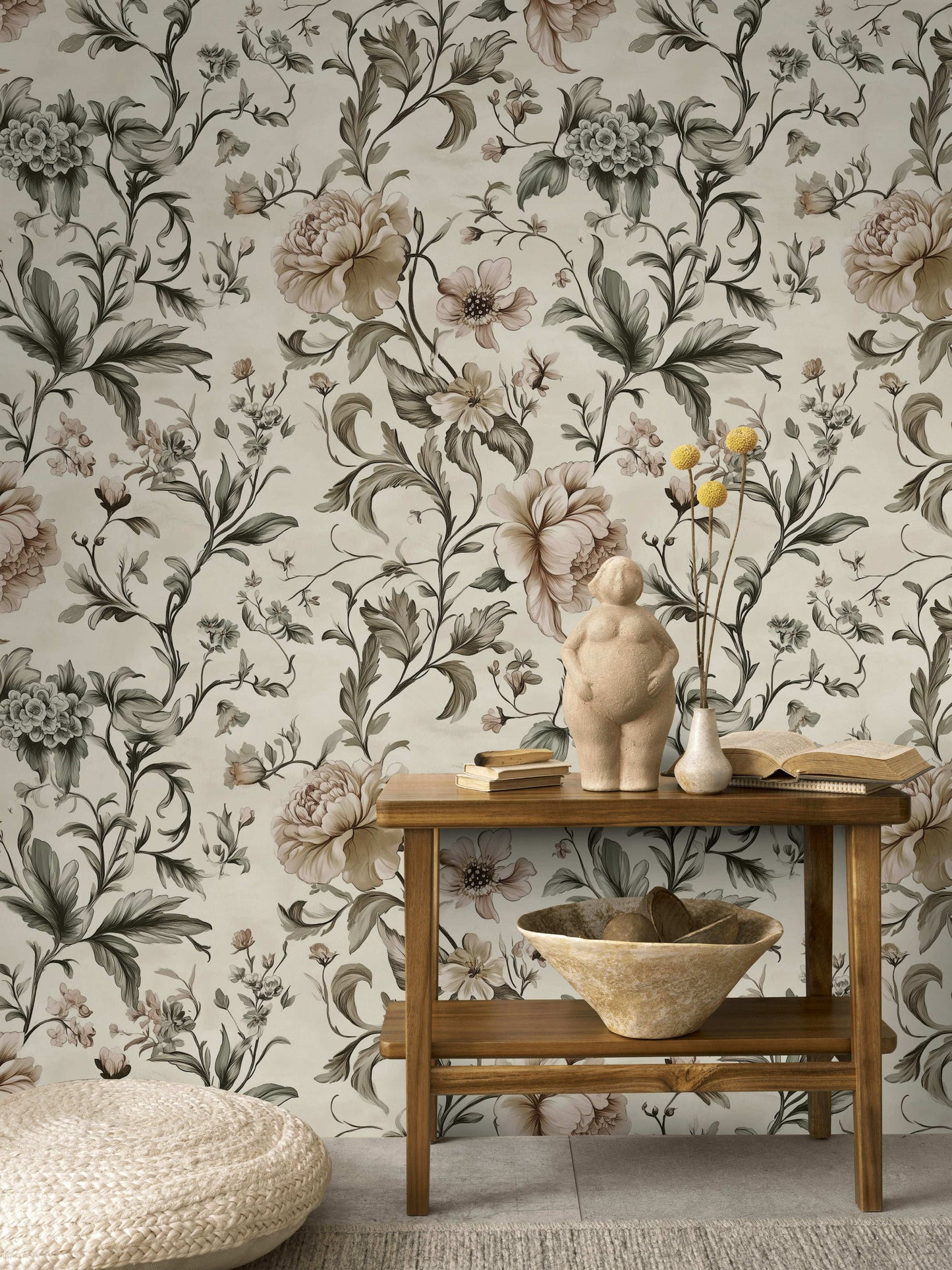 Neutral Peony Wallpaper Elegant Vintage Botanical Decor Sophisticated Interiors Peel and Stick Roll