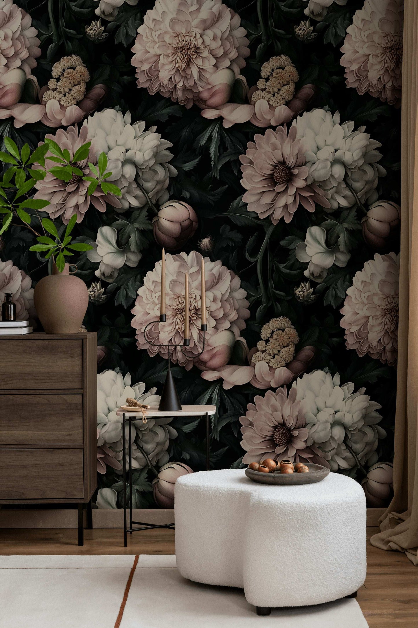 Elegant Floral Wallpaper Dark Botanical Wall Mural with Vintage Peony and Chrysanthemum Design