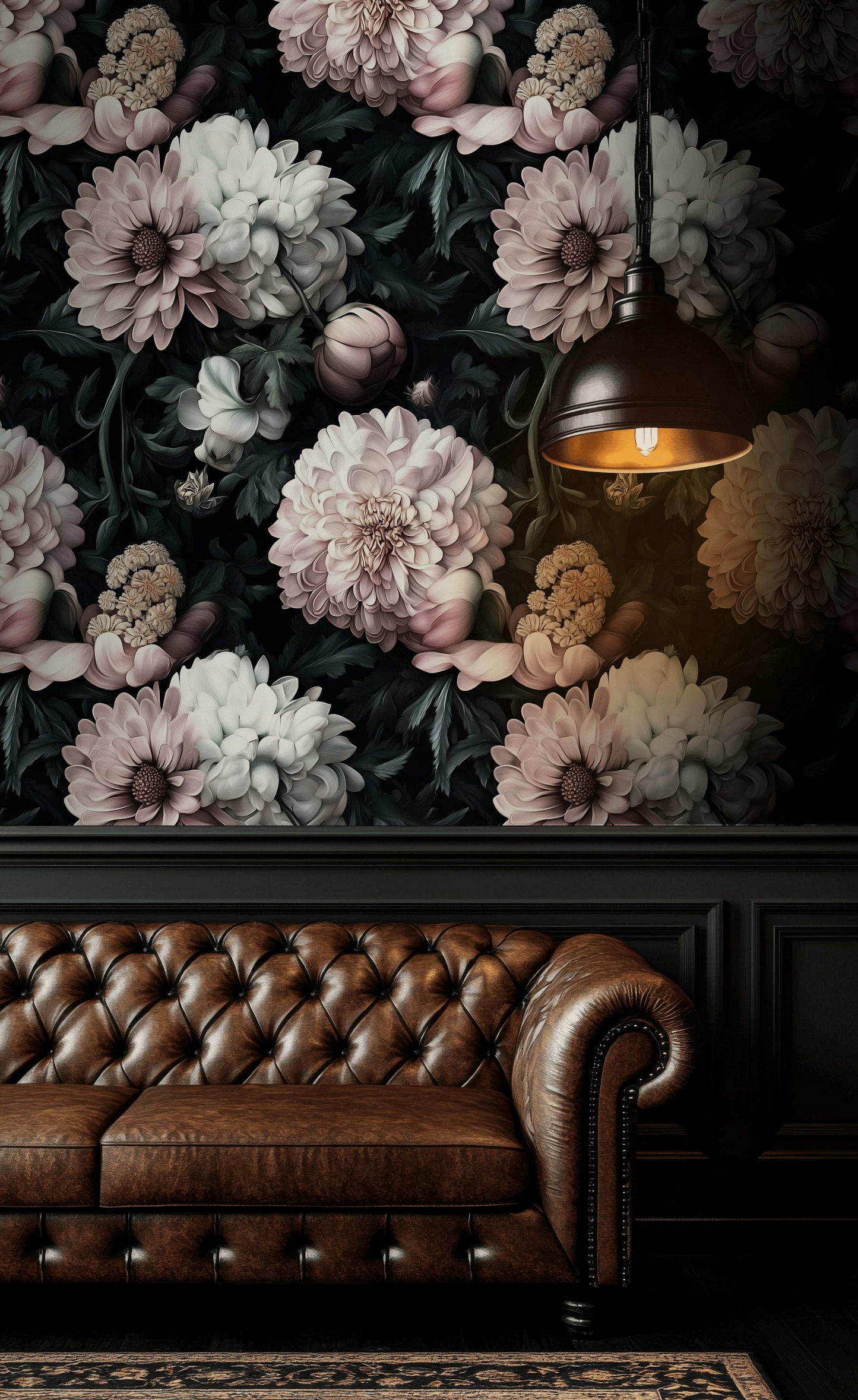 Elegant Floral Wallpaper Dark Botanical Wall Mural with Vintage Peony and Chrysanthemum Design