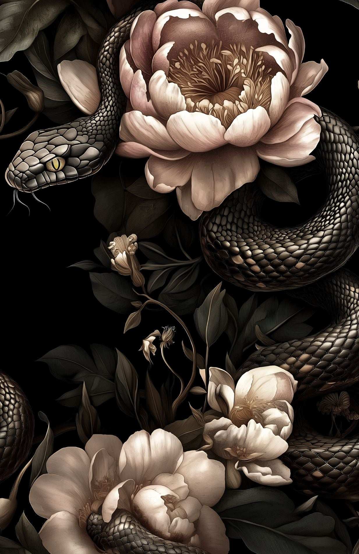 Dark Botanical Wallpaper with Serpentine Design Floral and Snake Motif Gothic Peony Flowers