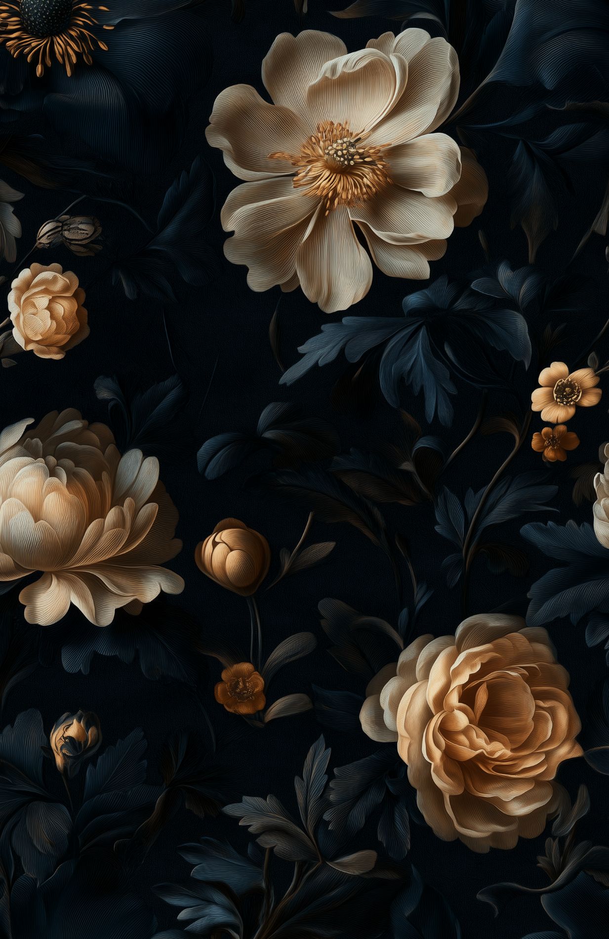 Dark Floral Wallpaper Elegant Gold and Navy Blue Botanical Design
