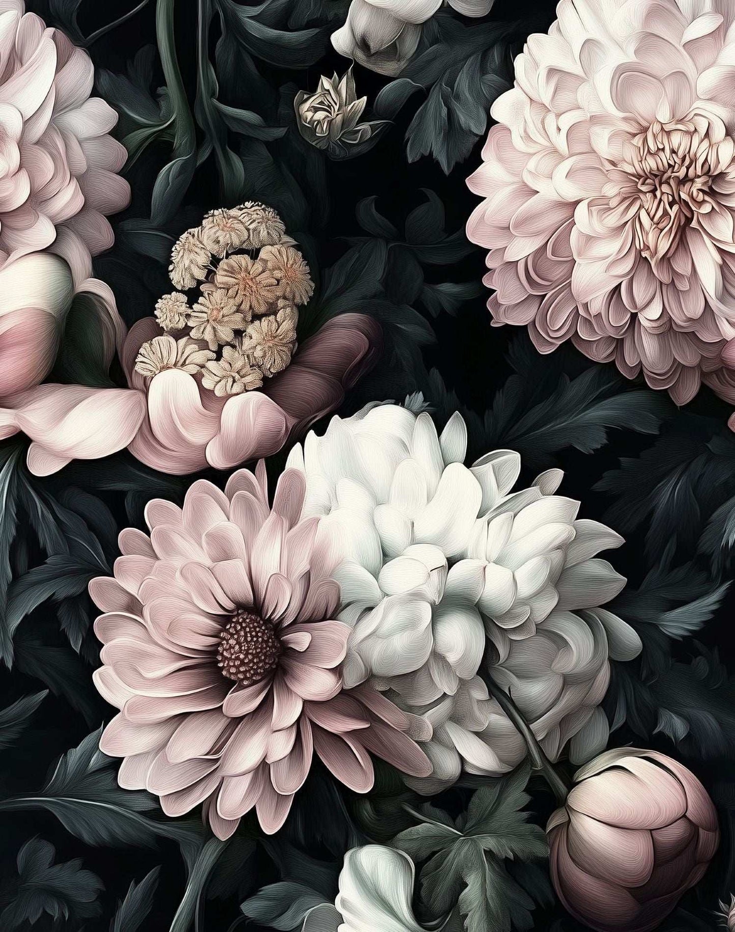 Elegant Floral Wallpaper Dark Botanical Wall Mural with Vintage Peony and Chrysanthemum Design
