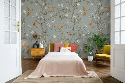 Hummingbirds Flowers Chinoiserie Wallpaper