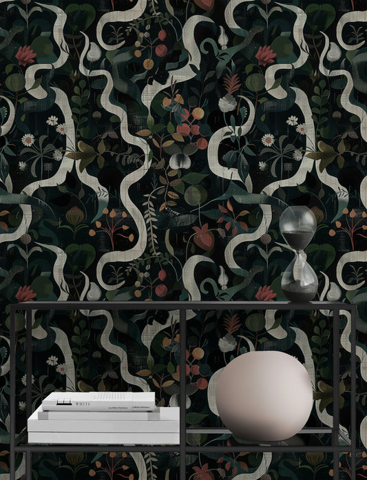 Botanical Floral Wallpaper - Dark Background Elegant Roll