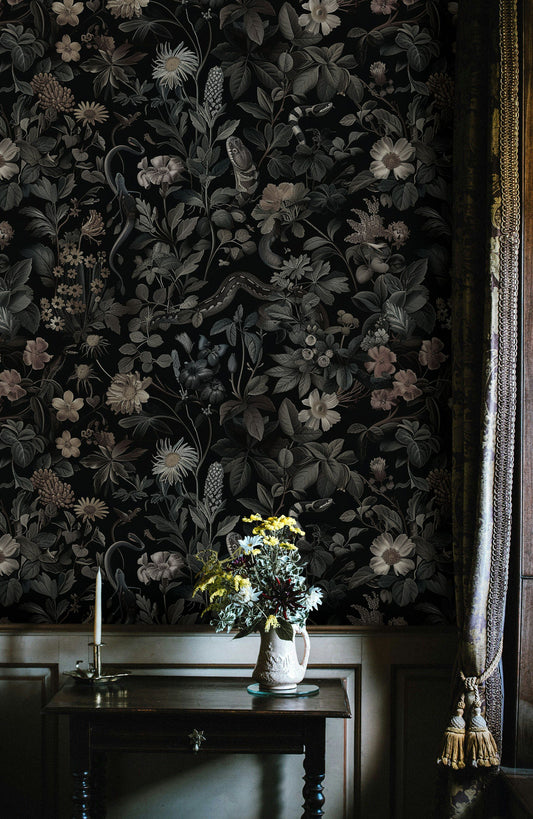 Dark Moody Floral Wallpaper Lush Overgrown Pattern Art