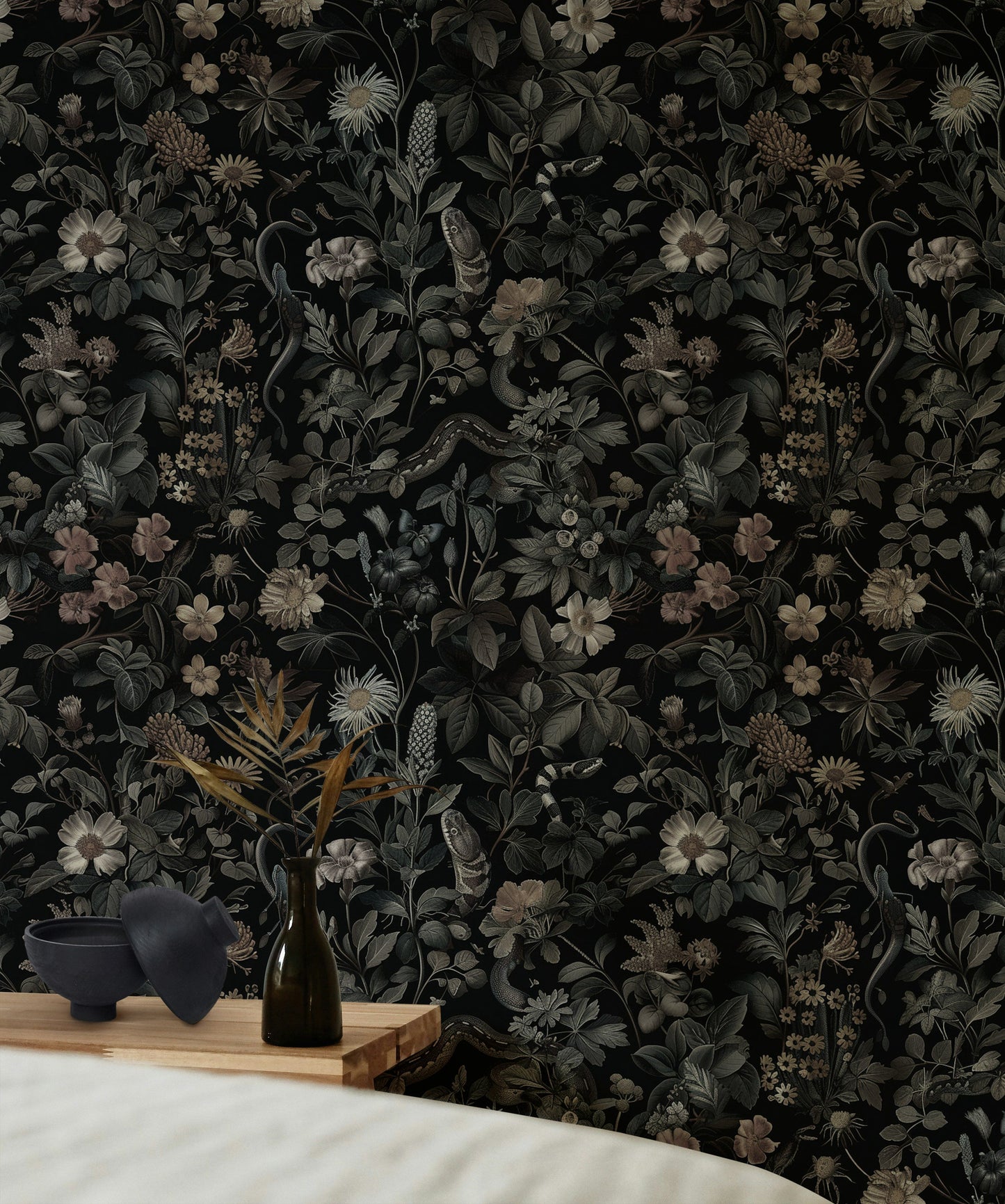 Dark Moody Floral Wallpaper Lush Overgrown Pattern Art