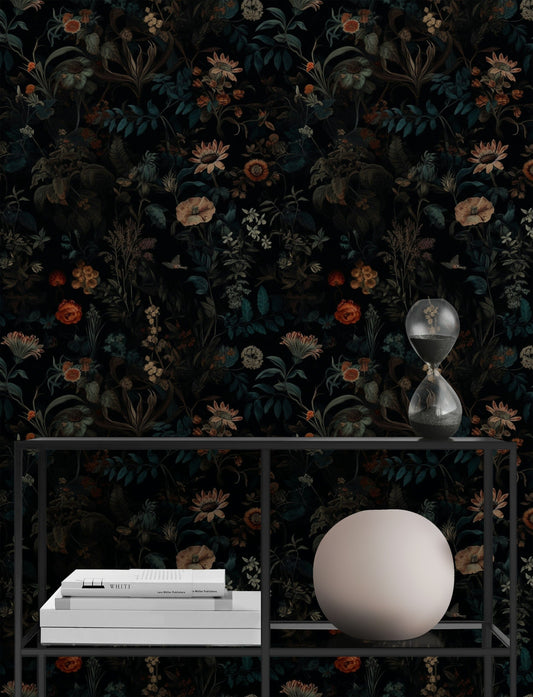 Elegant Botanical Wallpaper  Dark Background Floral Roll