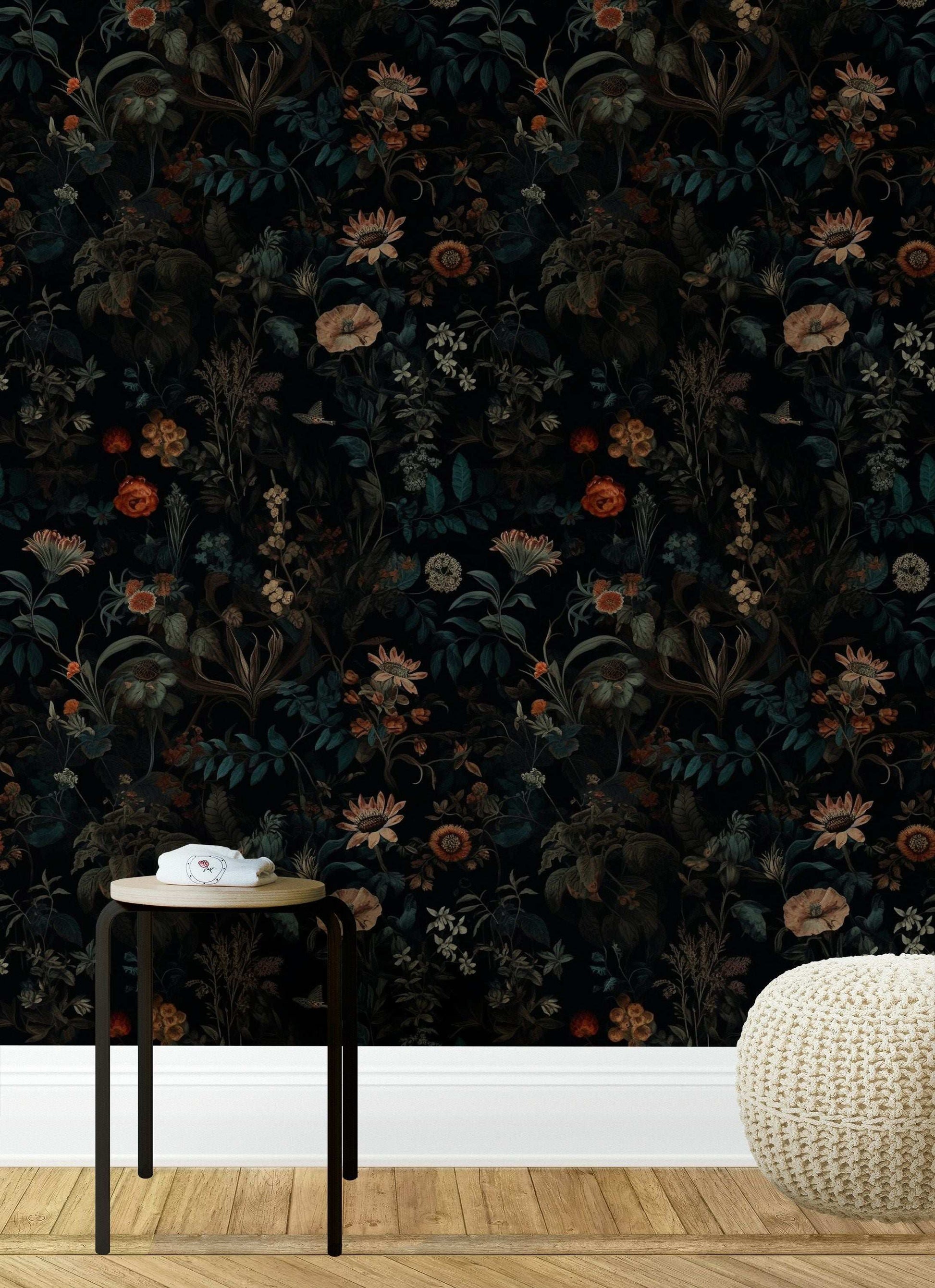 Elegant Botanical Floral Wallpaper - Dark Background, Sunflowers, Poppies, Daisies, Lush Leaves, Hand-Painted Style