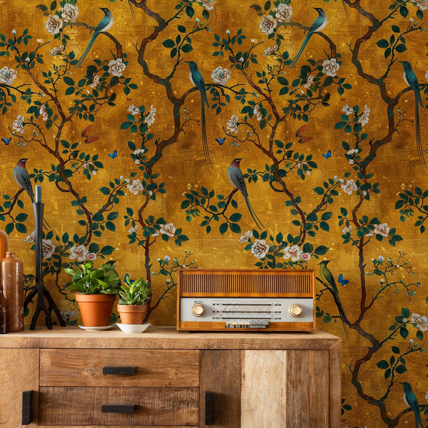 Golden Botanical Bird Wallpaper - Vintage Floral Pattern with Birds, Butterflies, and Branches Mural