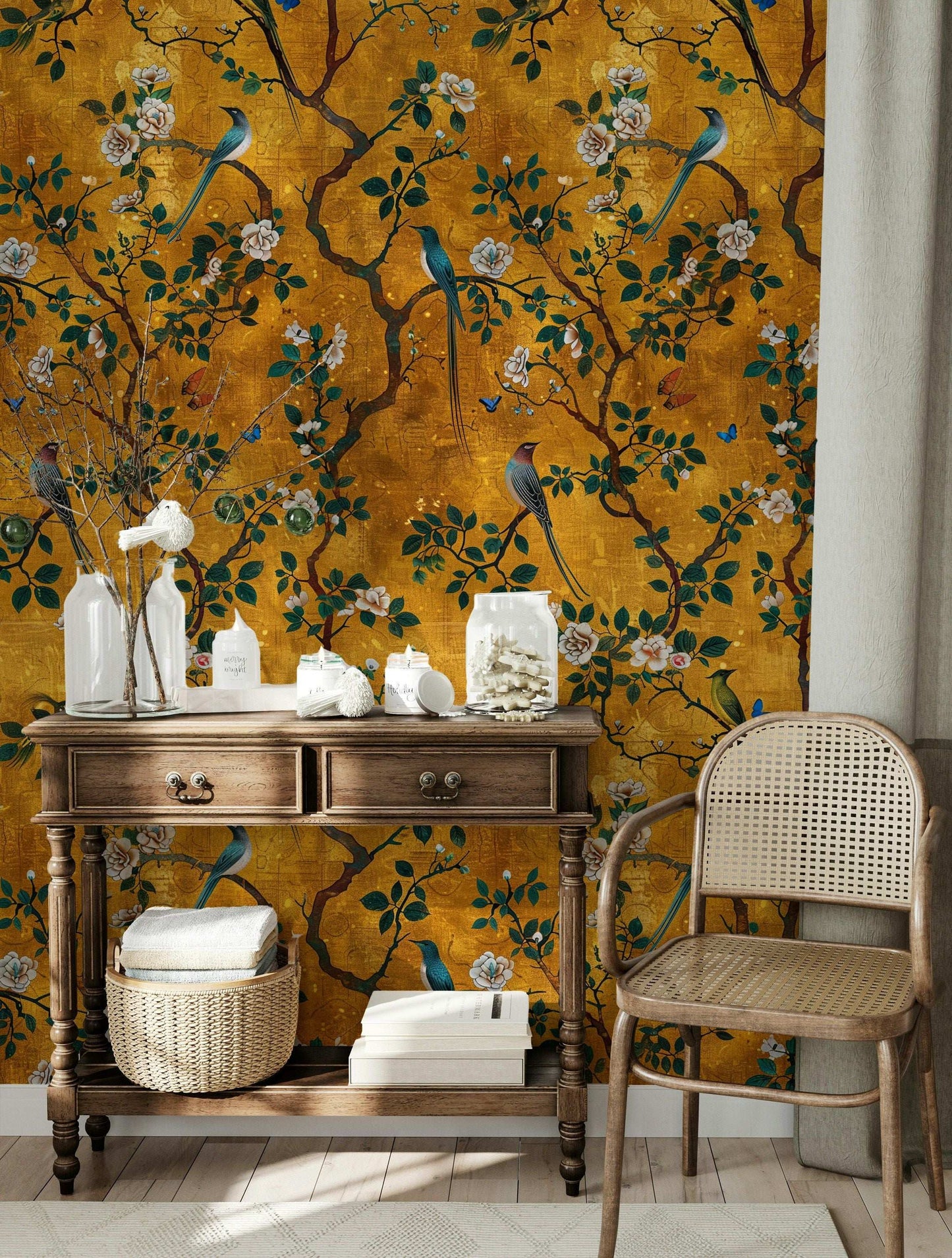 Golden Botanical Bird Wallpaper - Vintage Floral Pattern with Birds, Butterflies, and Branches Mural