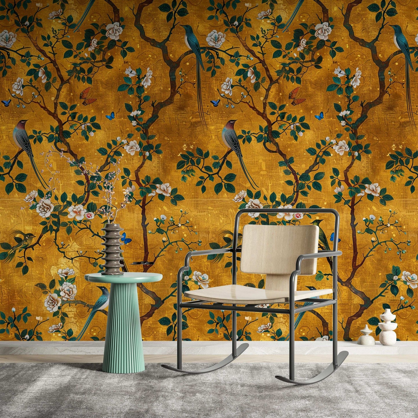 Golden Botanical Bird Wallpaper - Vintage Floral Pattern with Birds, Butterflies, and Branches Mural