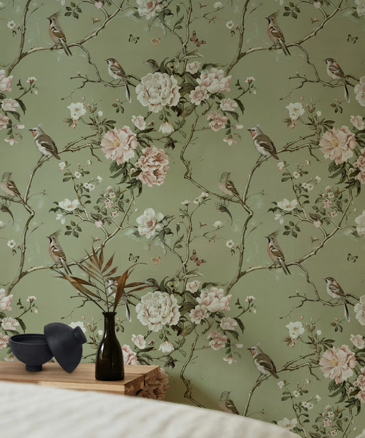 Soft Green Botanical Bird Wallpaper - Vintage Floral Art