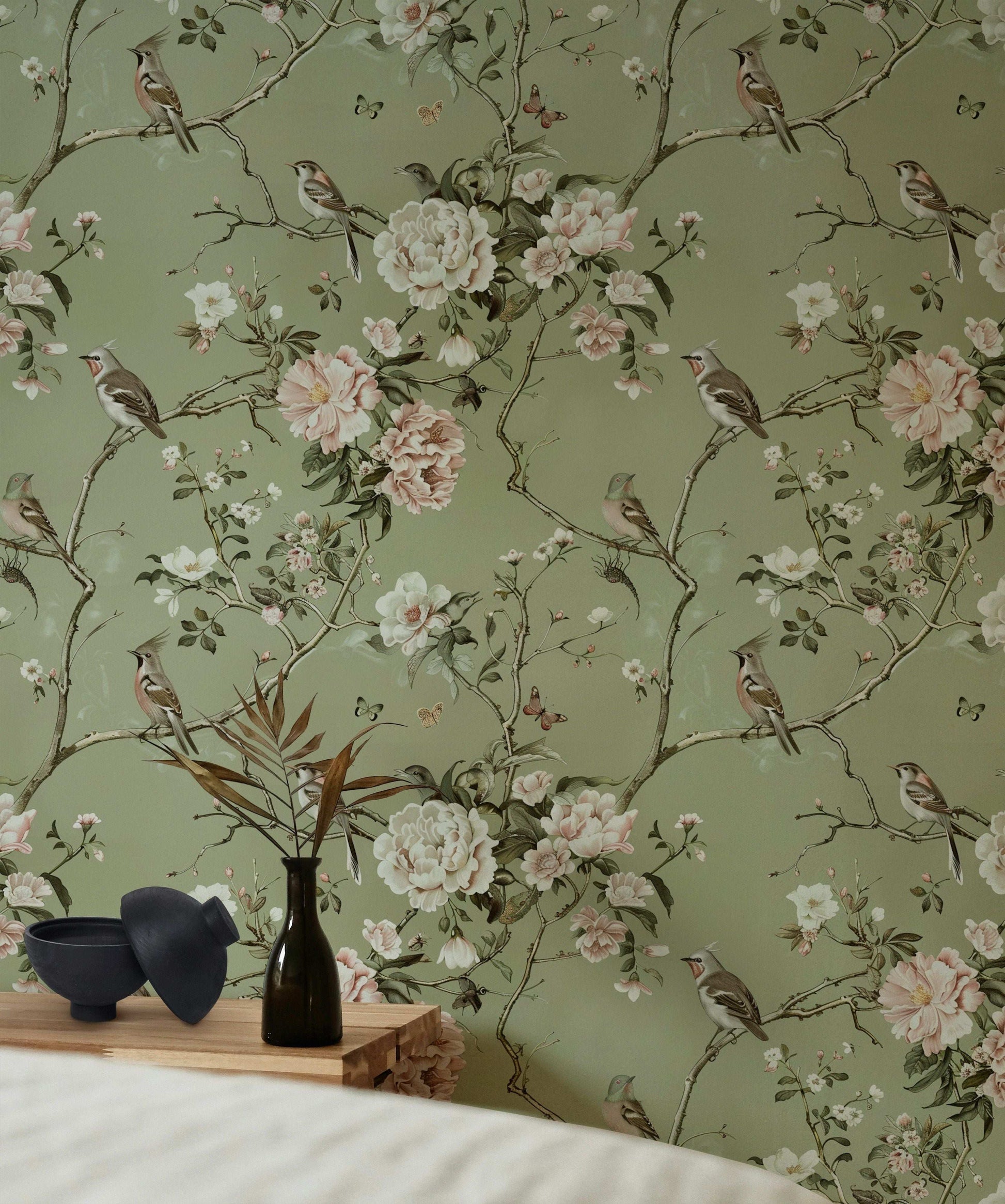 Soft Green Botanical Bird Wallpaper - Vintage Floral Pattern with Birds, Butterflies, and Branches Mural