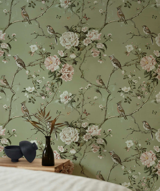 Soft Green Botanical Bird Wallpaper - Vintage Floral Pattern with Birds, Butterflies, and Branches Mural