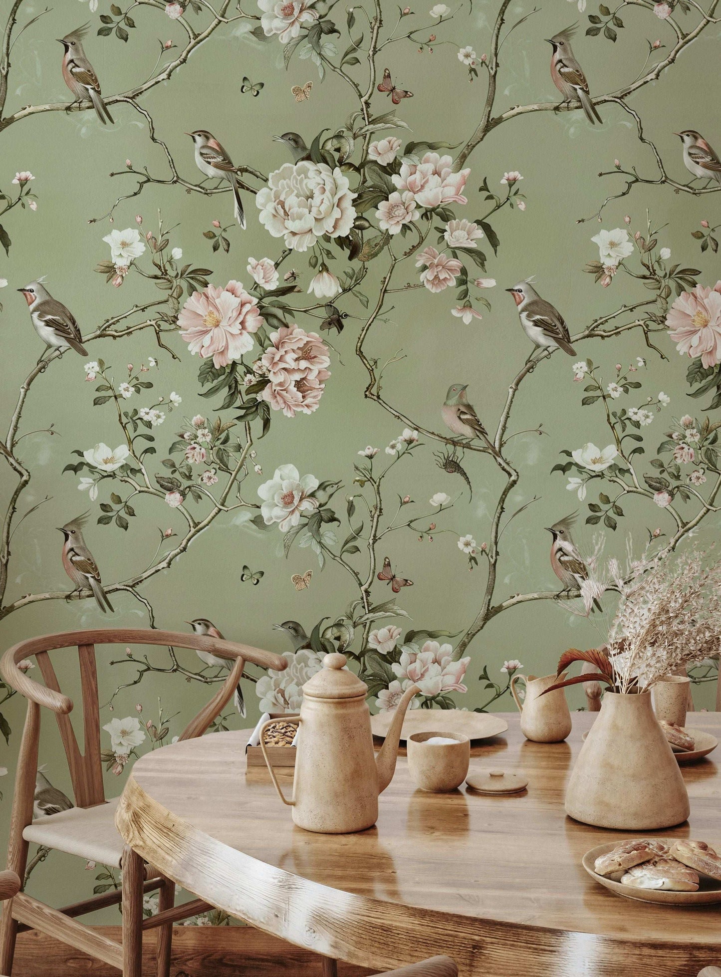 Soft Green Botanical Bird Wallpaper - Vintage Floral Pattern with Birds, Butterflies, and Branches Mural