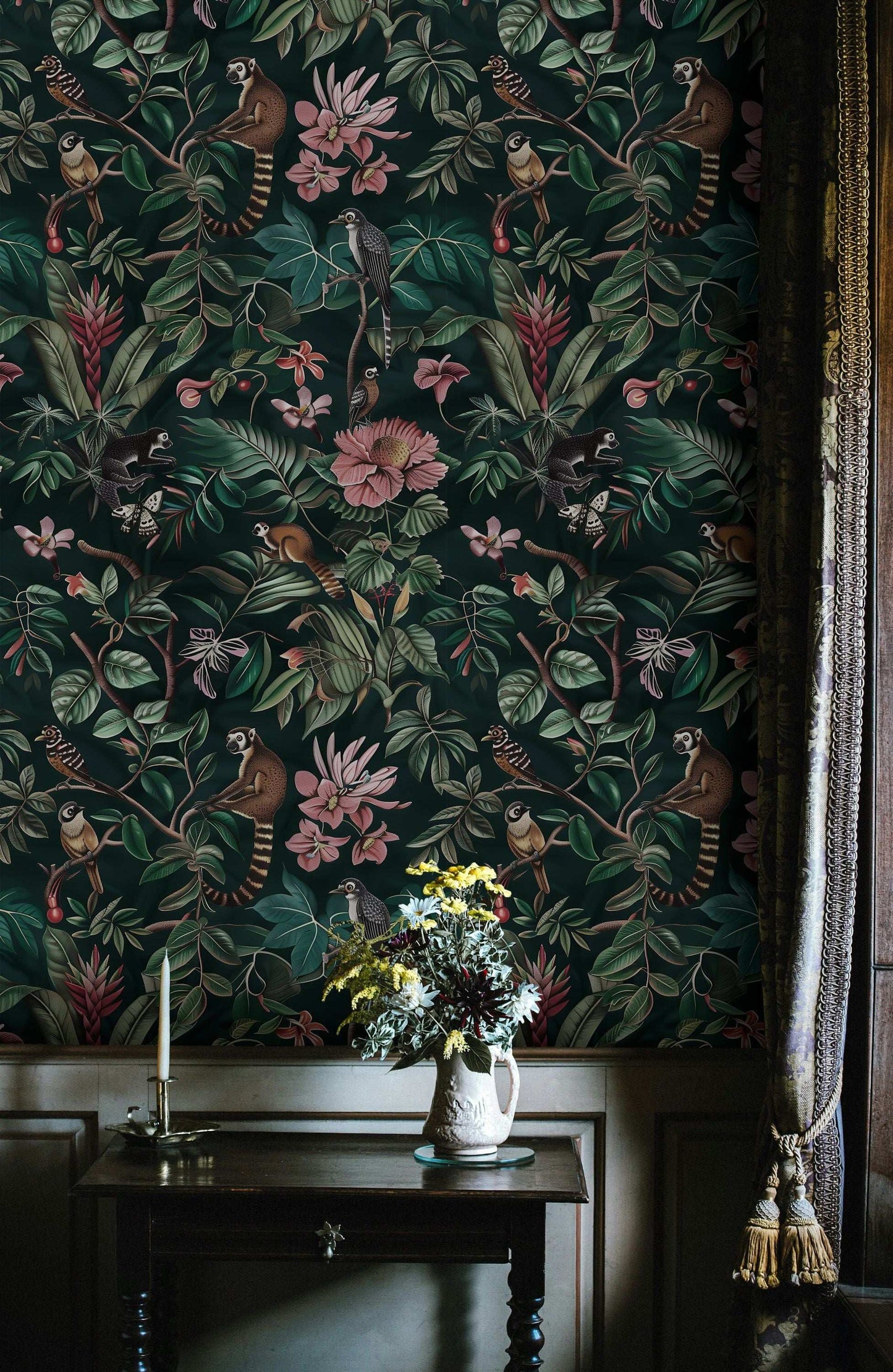 Dark Botanical Jungle Wallpaper Peel and Stick - Exotic Animals, Tropical Plants, Birds, and Flowers Mural