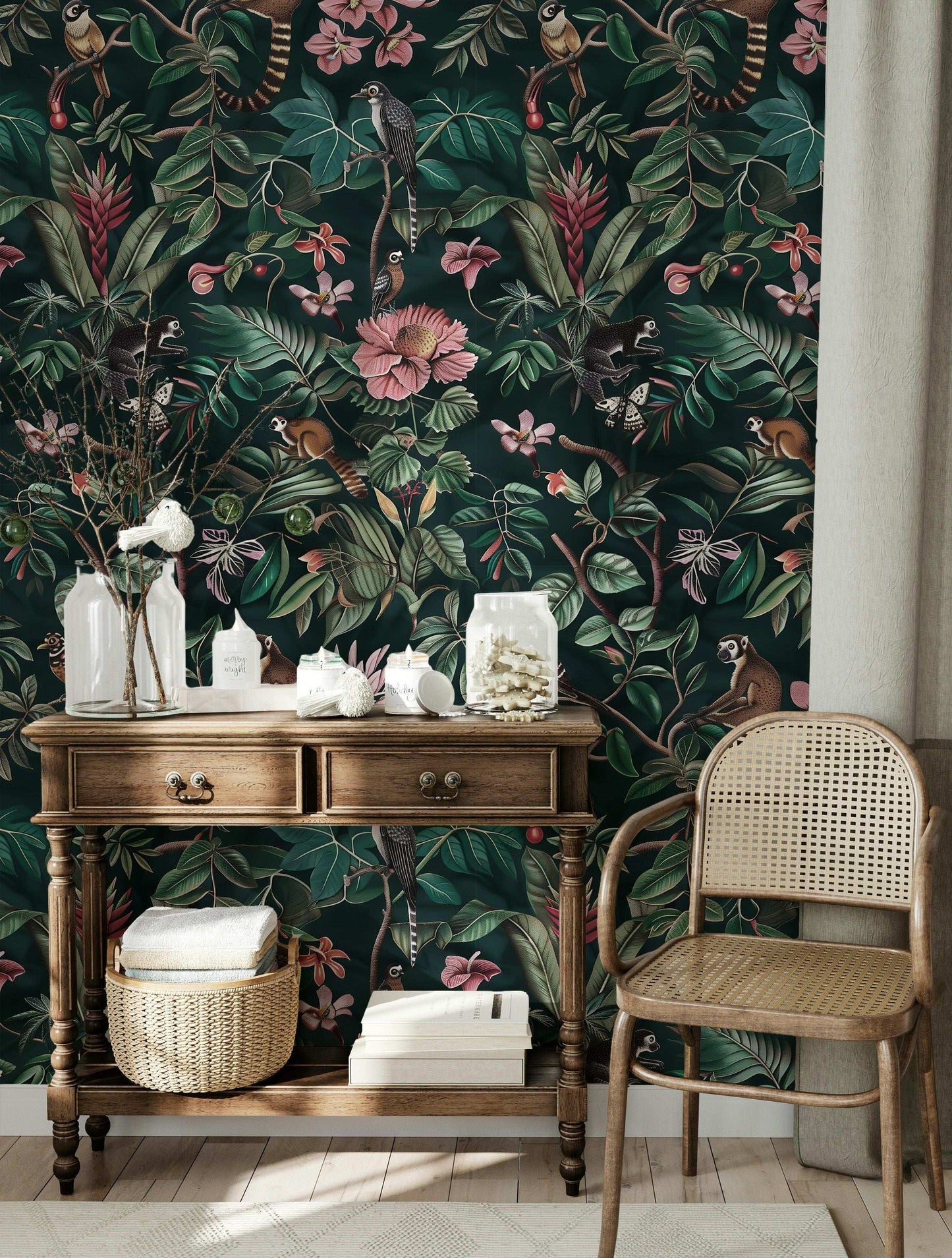 Dark Botanical Jungle Wallpaper Peel and Stick - Exotic Animals, Tropical Plants, Birds, and Flowers Mural