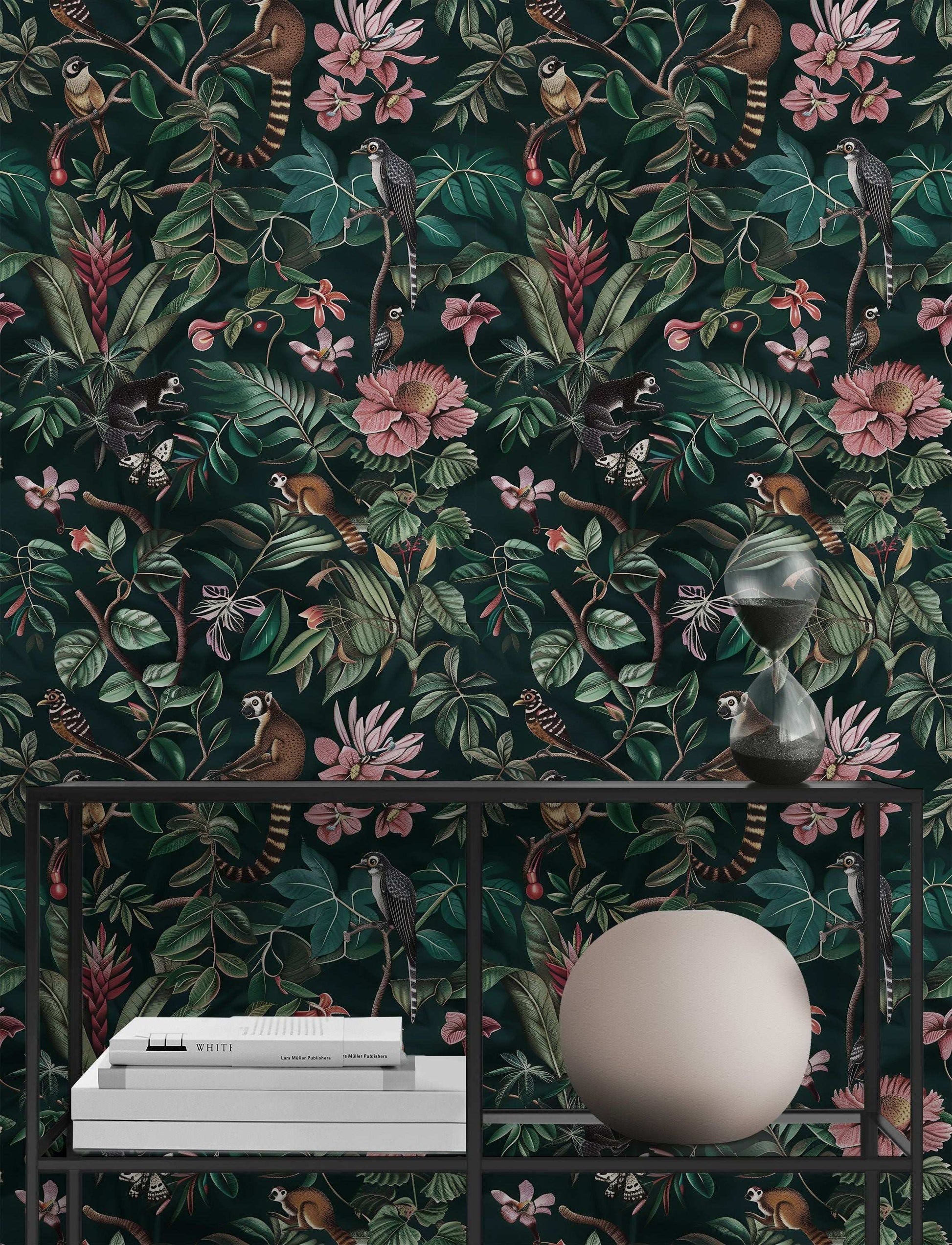 Dark Botanical Jungle Wallpaper Peel and Stick - Exotic Animals, Tropical Plants, Birds, and Flowers Mural