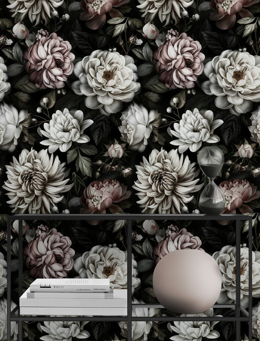 Dark Elegant Floral Wallpaper Peel and Stick Black Background, White, Pink, and Cream Flowers, Sophisticated Botanical Design Mural