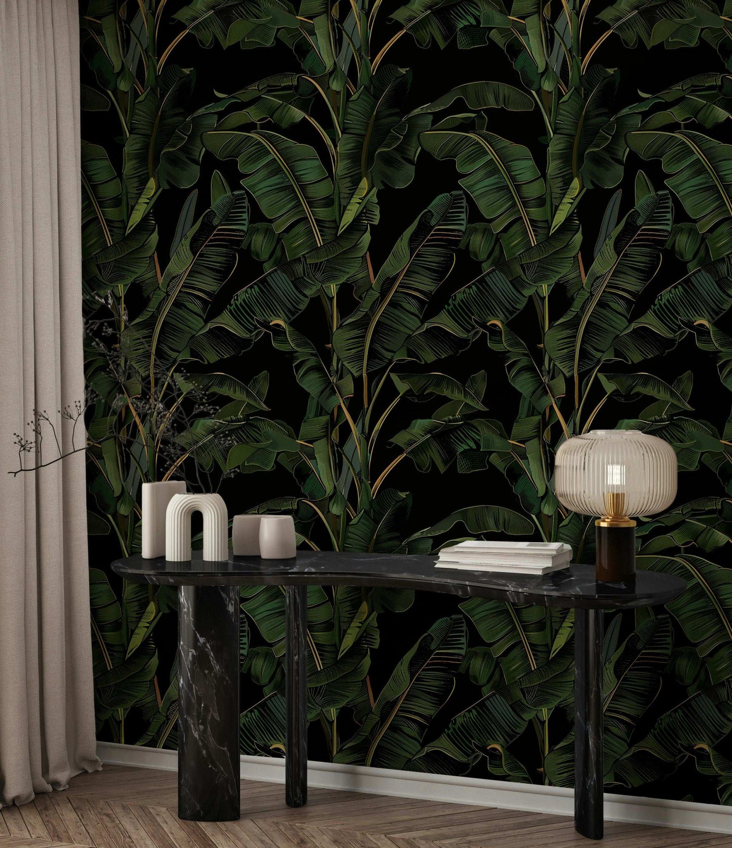 Banana Leaves Wallpaper - Black Background, Lush Tropical Design, Elegant Jungle Style Wall Mural