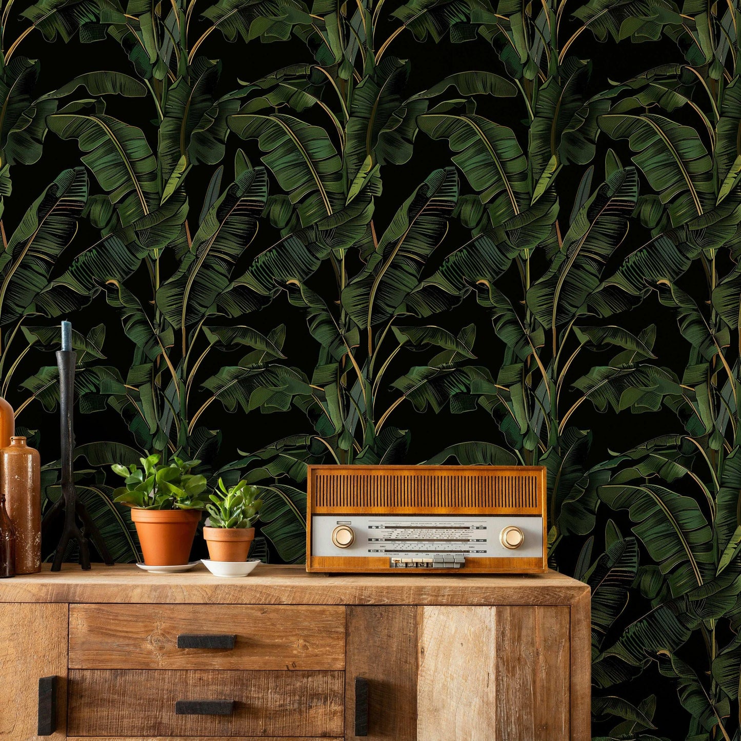 Banana Leaves Wallpaper - Black Background, Lush Tropical Design, Elegant Jungle Style Wall Mural