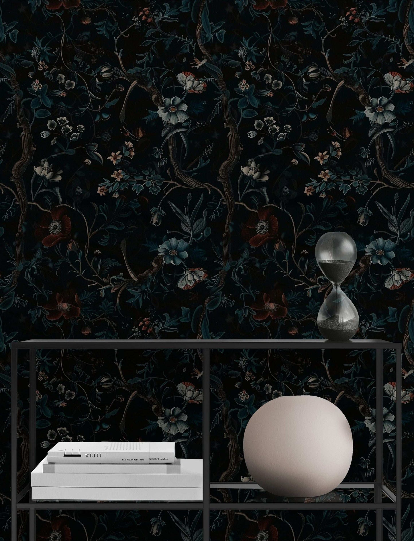 Dark Floral Botanical Wallpaper - Black Background, Intricate Flowers and Foliage, Elegant Nature Wall Mural