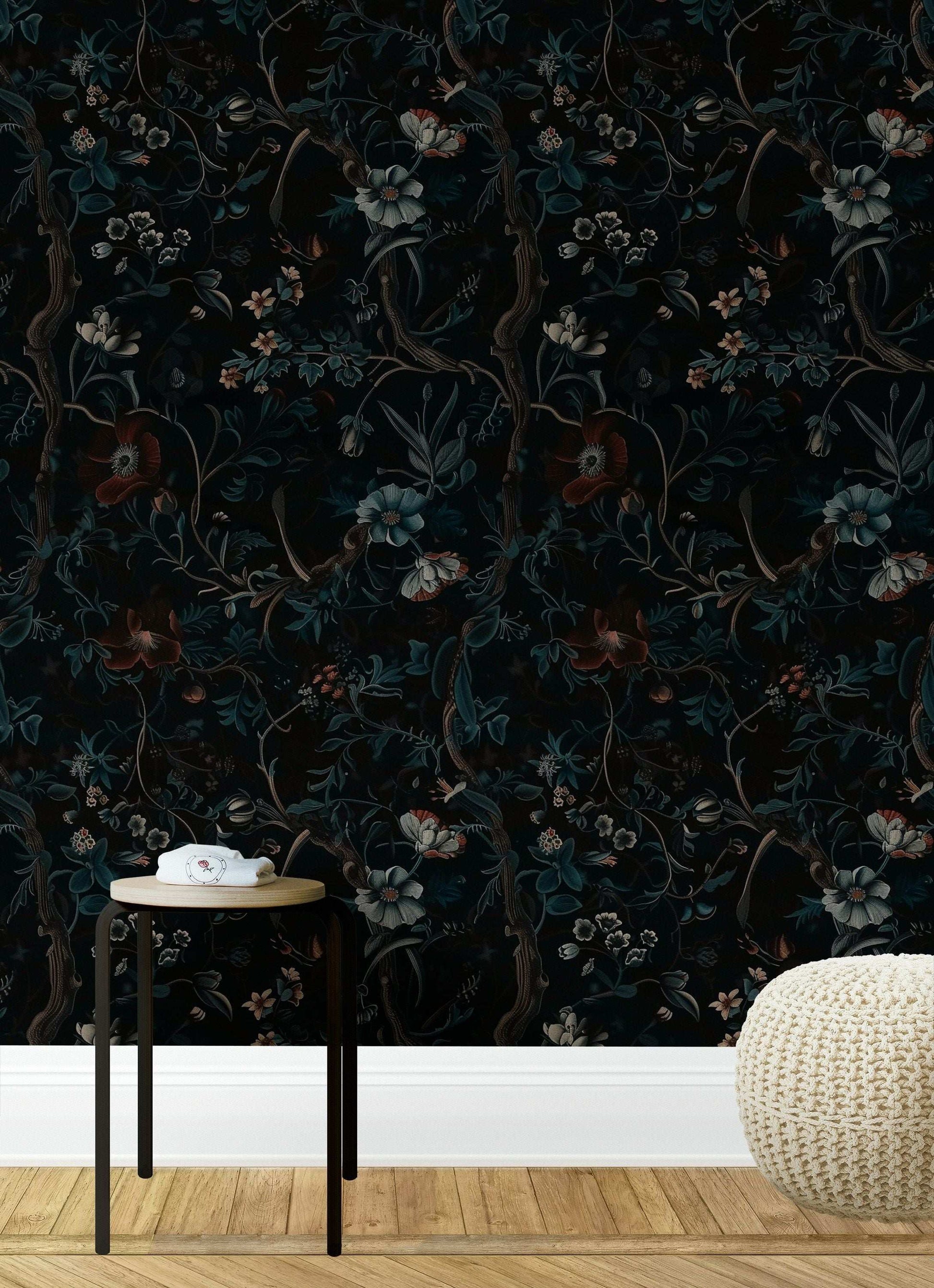 Dark Floral Botanical Wallpaper - Black Background, Intricate Flowers and Foliage, Elegant Nature Wall Mural