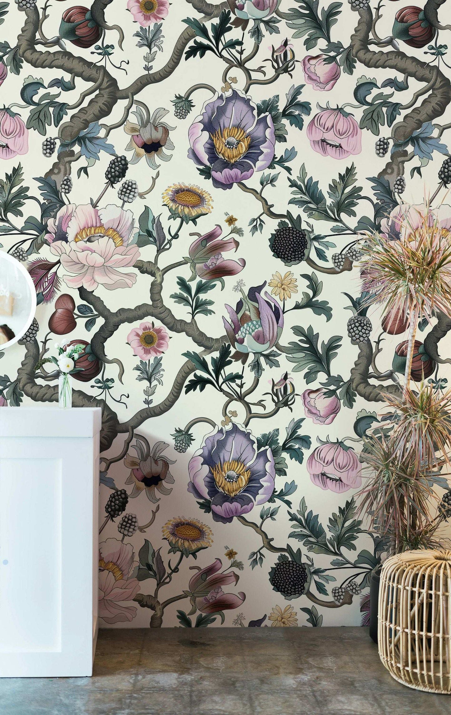 Intricate Floral Wallpaper - Light Background, Detailed Flowers and Foliage, Elegant Botanical Design Wall Mural