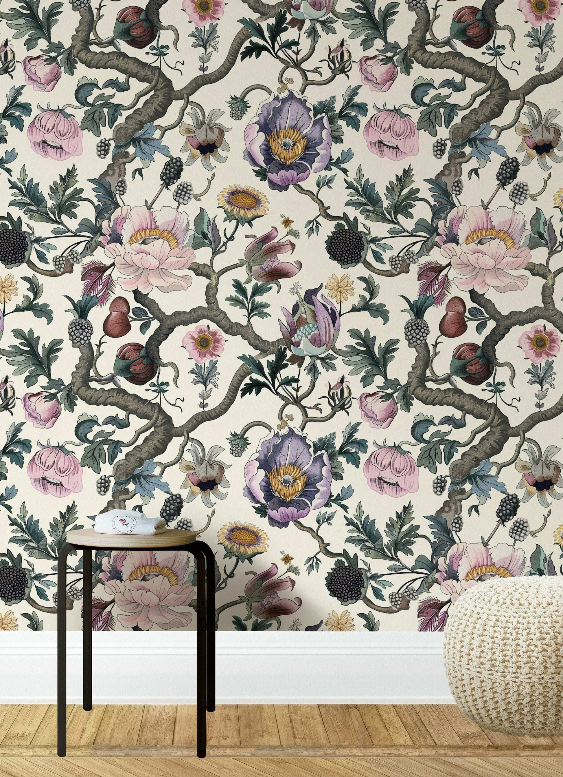 Intricate Floral Wallpaper - Light Background, Detailed Flowers and Foliage, Elegant Botanical Design Wall Mural