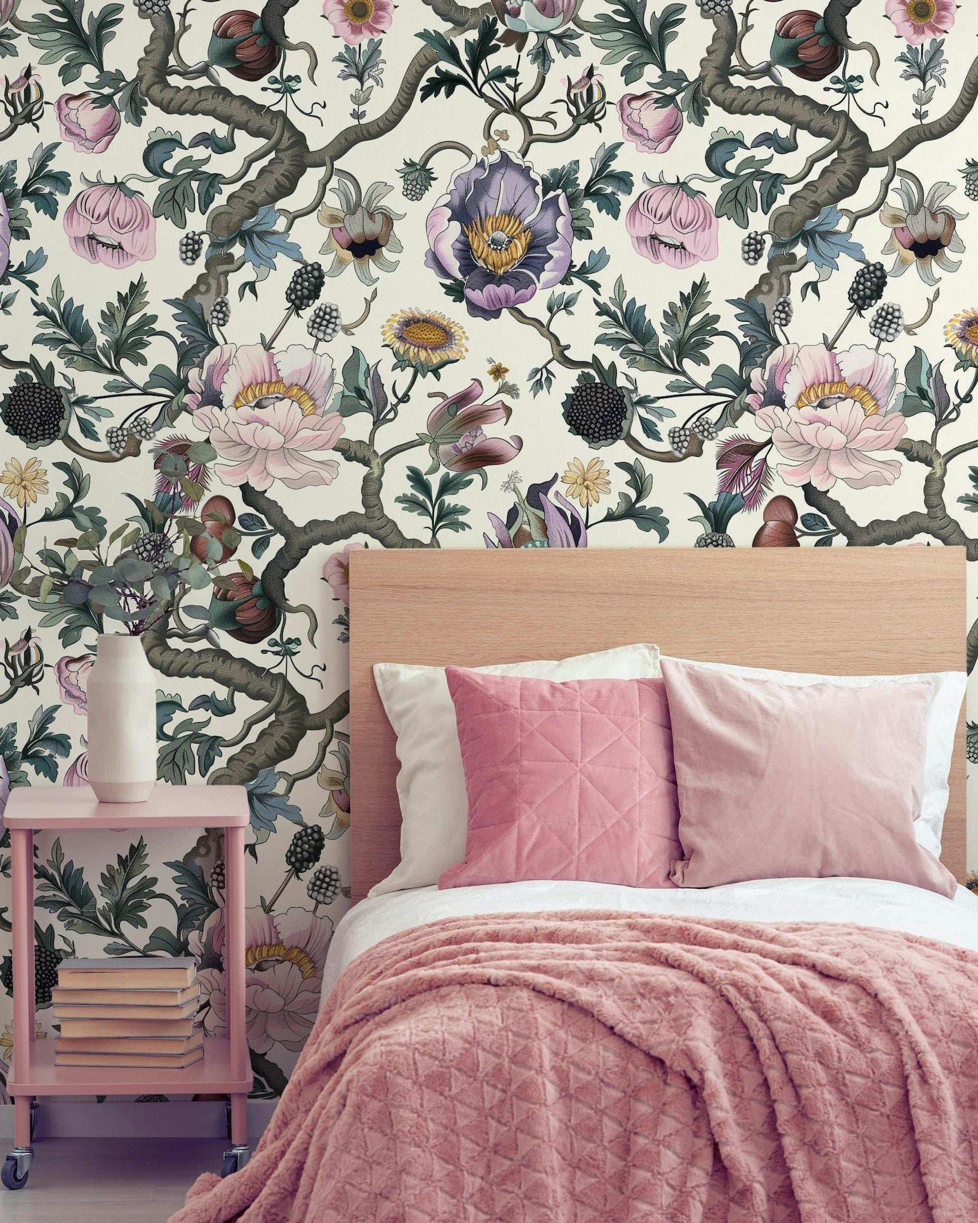 Intricate Floral Wallpaper - Light Background, Detailed Flowers and Foliage, Elegant Botanical Design Wall Mural