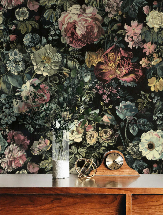 Dark Vintage Floral Wallpaper - Black Background, Vibrant Flowers, Elegant Botanical Design Wall Mural