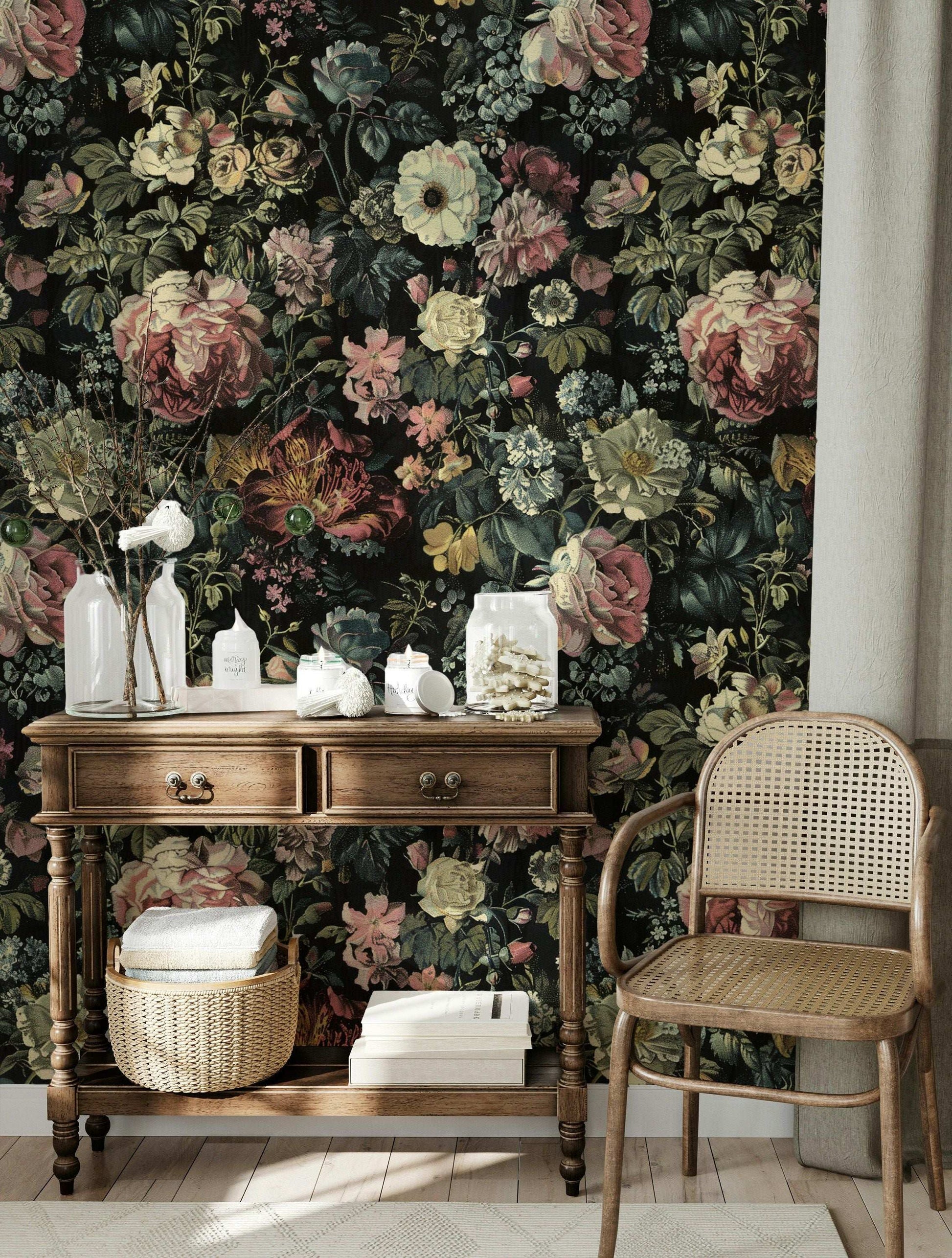 Dark Vintage Floral Wallpaper - Black Background, Vibrant Flowers, Elegant Botanical Design Wall Mural