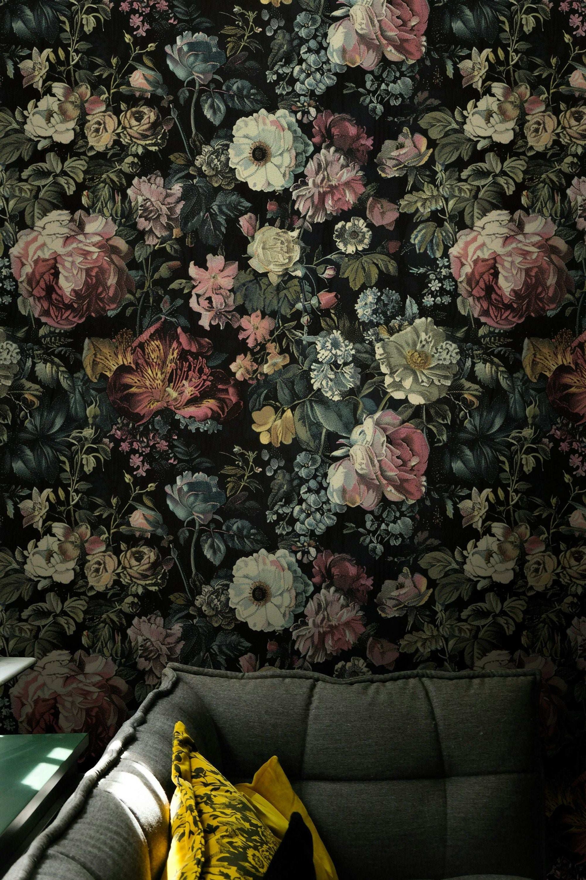 Dark Vintage Floral Wallpaper - Black Background, Vibrant Flowers, Elegant Botanical Design Wall Mural