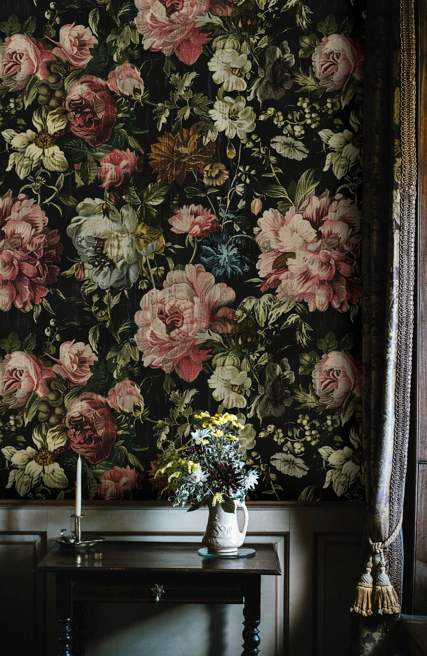 Vintage Dark Floral Wallpaper Black Background Luxurious Flowers Classic Botanical Wall Mural