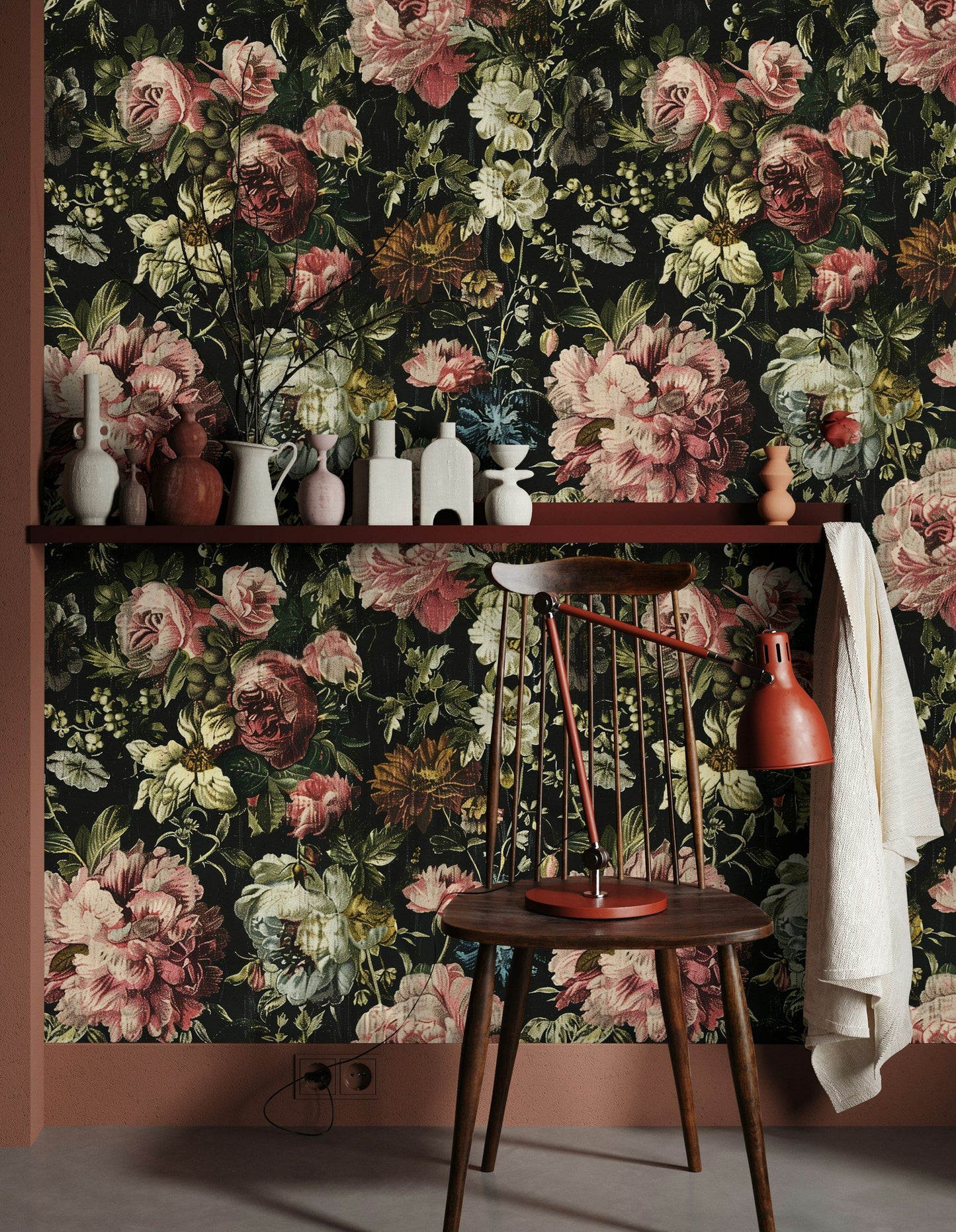 Vintage Dark Floral Wallpaper Black Background Luxurious Flowers Classic Botanical Wall Mural