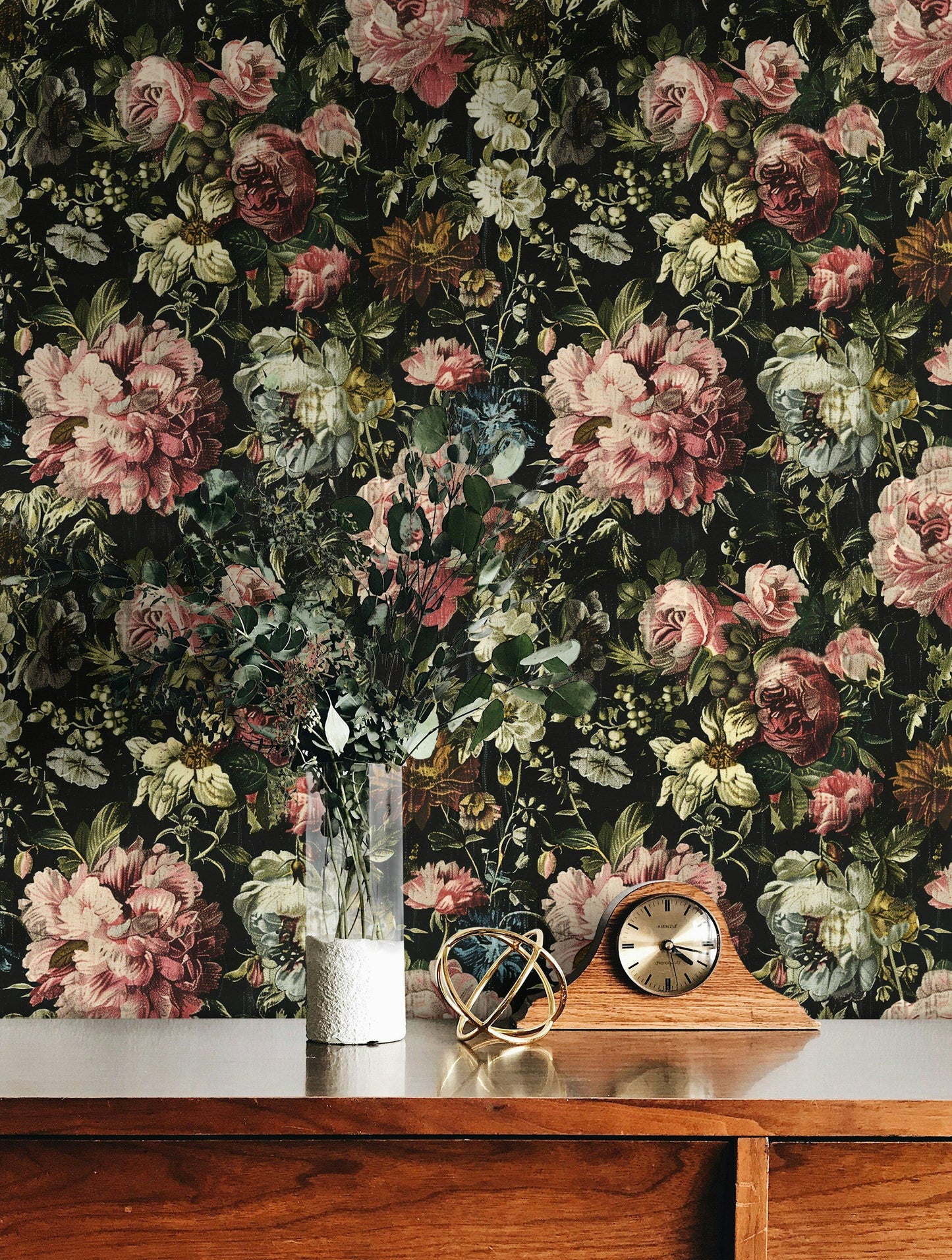 Vintage Dark Floral Wallpaper Black Background Luxurious Flowers Classic Botanical Wall Mural