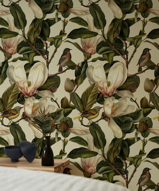 Magnolia Floral Wallpaper Light Background Detailed Flowers and Birds Elegant Botanical Wall Mural