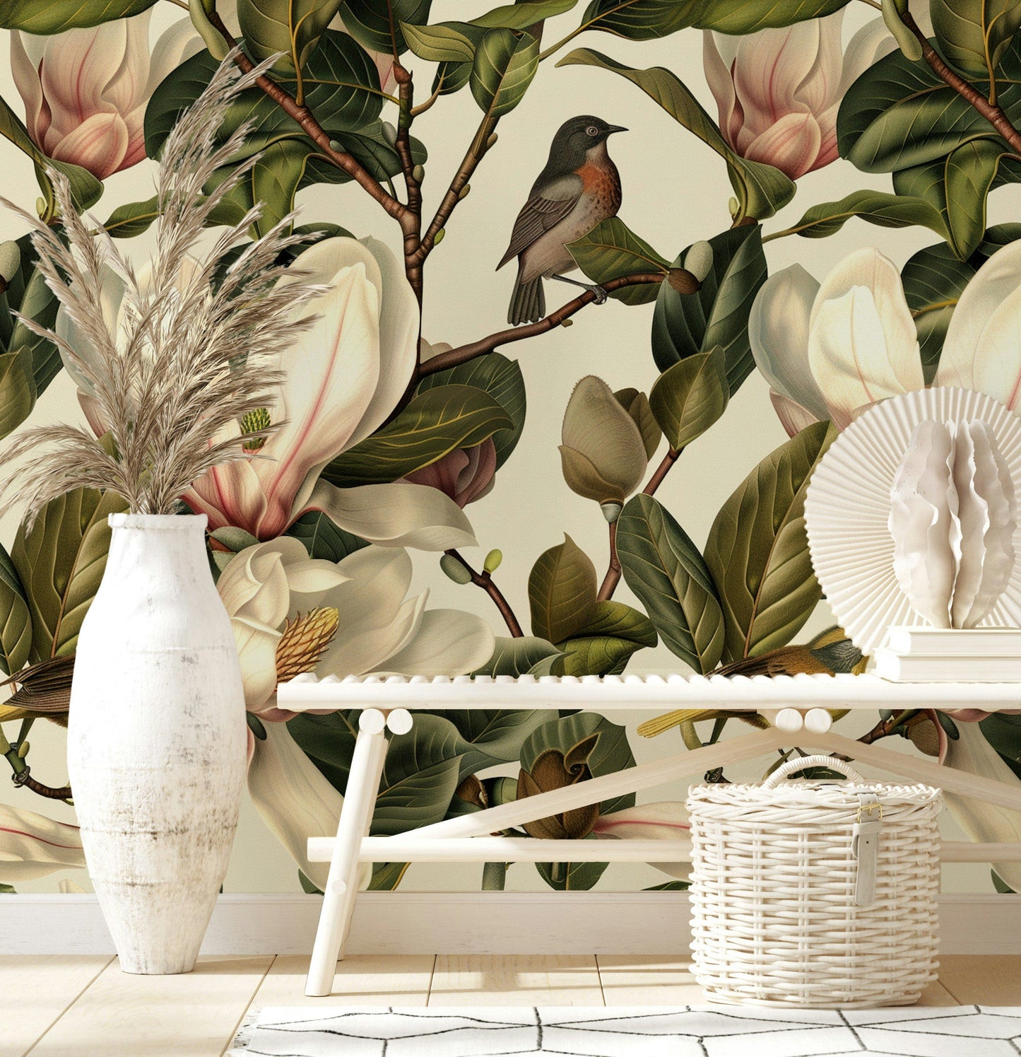 Magnolia Floral Wallpaper Light Background Detailed Flowers and Birds Elegant Botanical Wall Mural