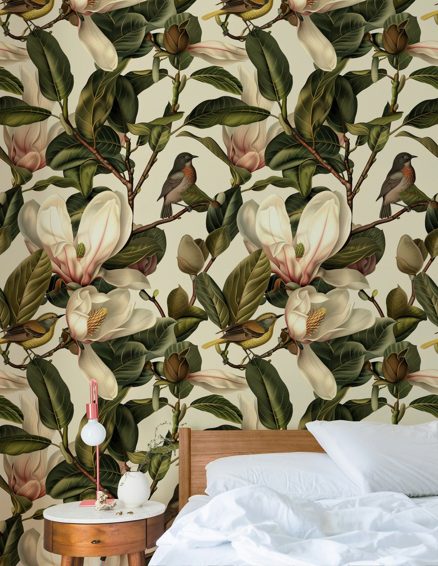 Magnolia Floral Wallpaper Light Background Detailed Flowers and Birds Elegant Botanical Wall Mural